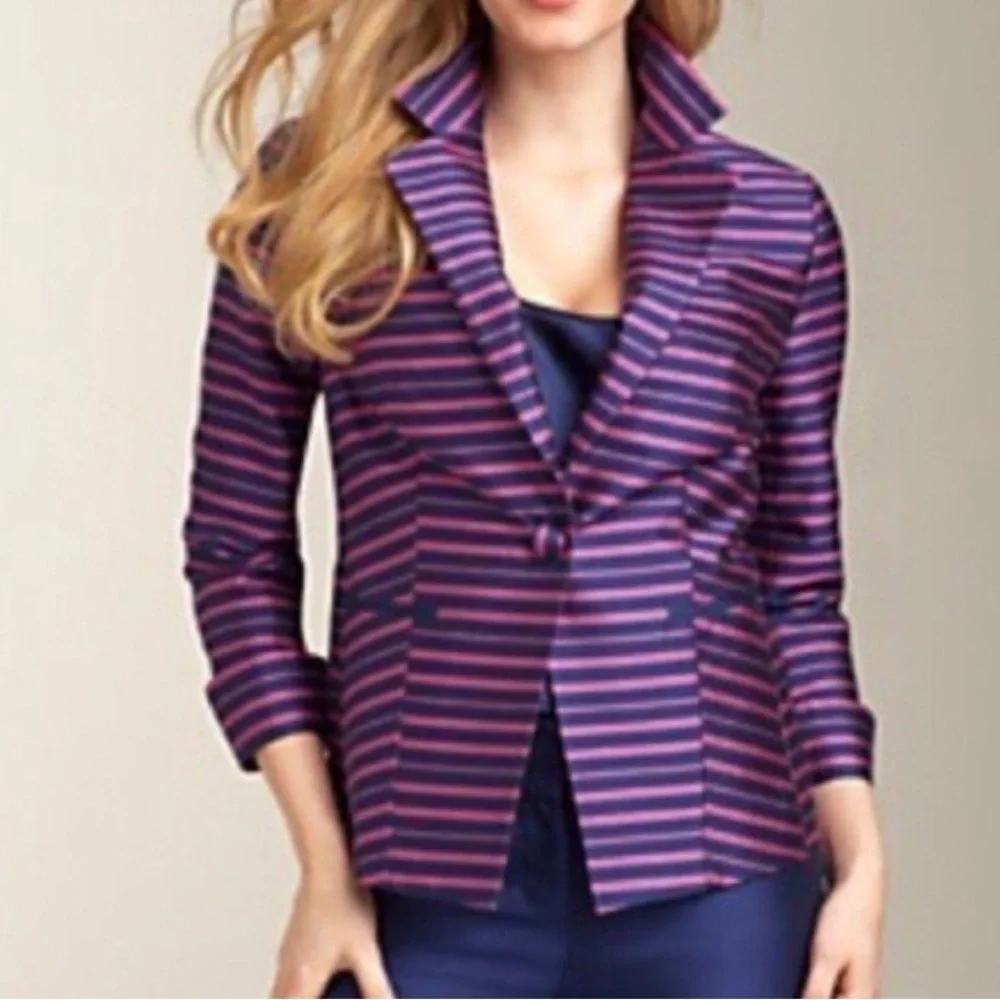 Talbots Grace Fit Pink Navy  Stripe Doupioni Silk Blend Blazer